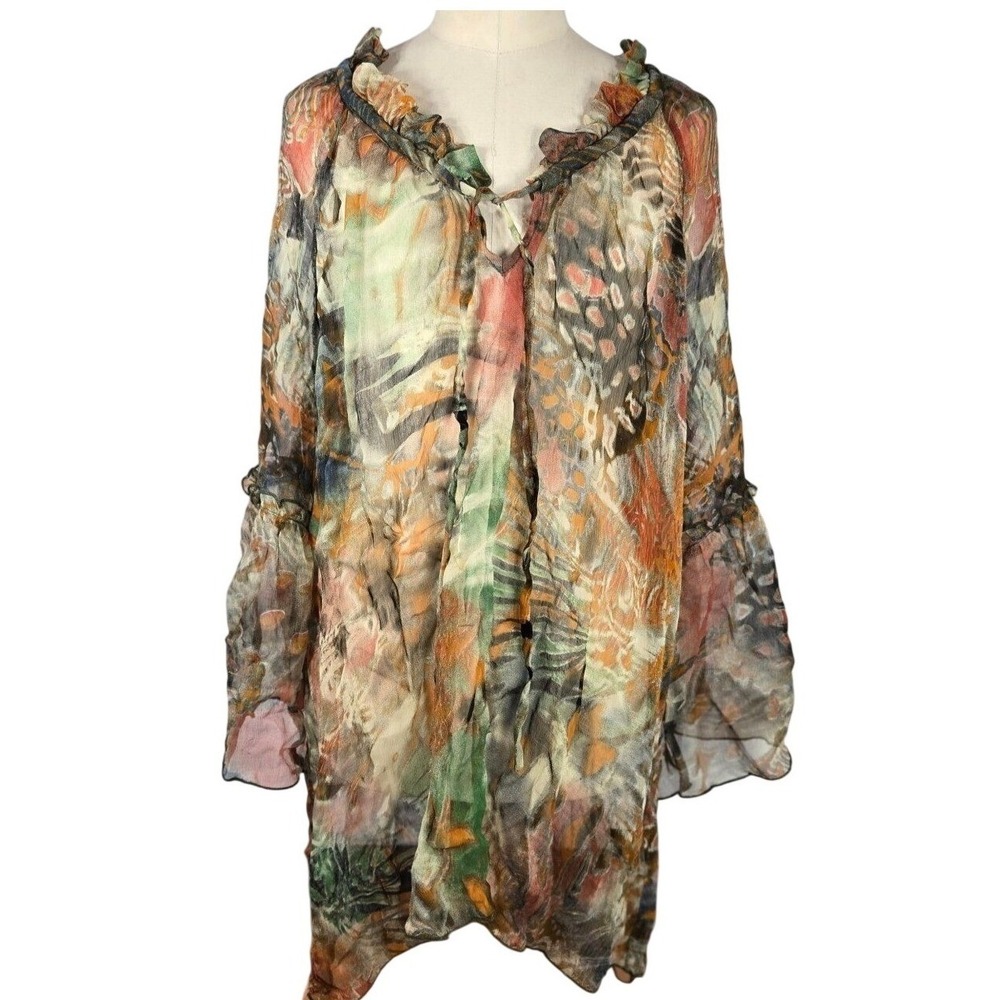 Casual‎ Studio Women M Rayon Abstract Print Ruffle Tiered Bell Sleeve Boho Tunic
